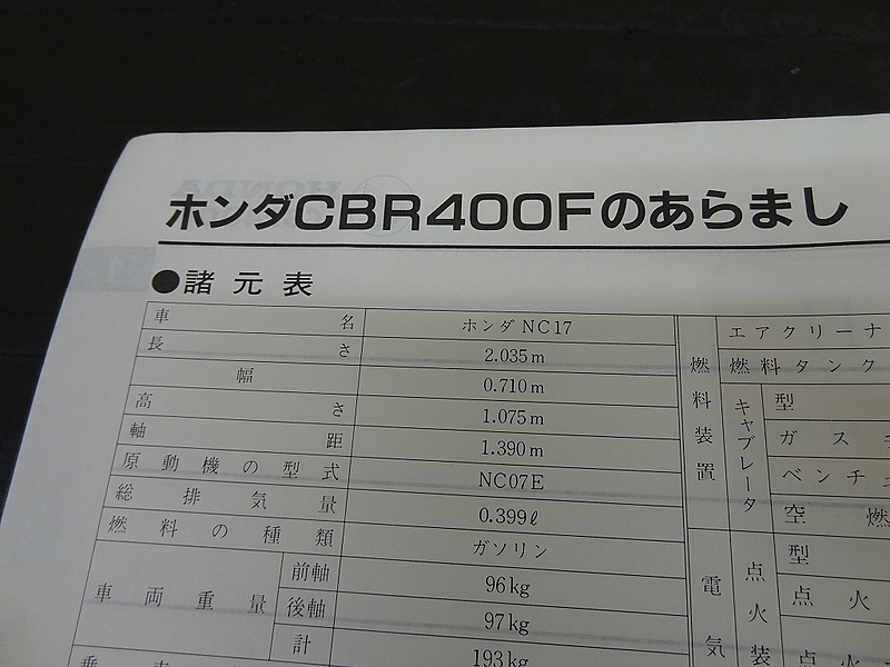 191207】 CBR400F(NC17)☆ホンダ サービスマニュアル 整備書 諸元表 